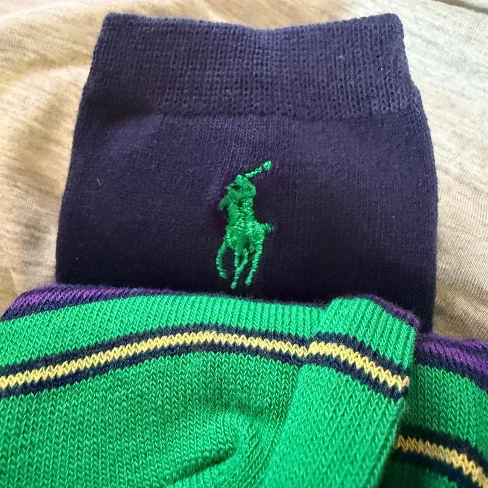 Ralph Lauren Girls 2 Pair Crew Socks Green Striped Navy Size 8-9.5 Shoe 13-3